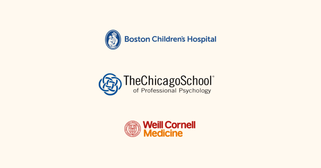 Logos and names of three institutions: Boston Children's Hospital (blue text with logo), The Chicago School of Professional Psychology (black and blue text with logo), and Weill Cornell Medicine (red and orange text with logo).